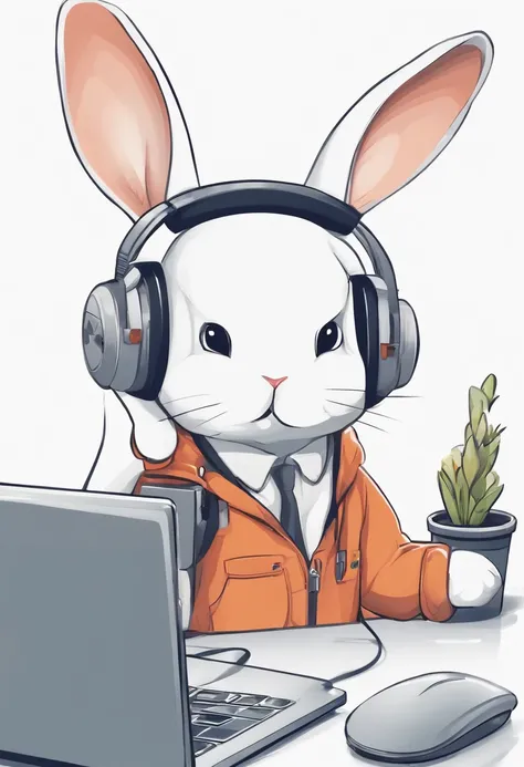 Job Usa。Rabbit character。Instagram icon、Job、part time job。Rabbit with a personal computer。illustratio。White background。Large in the middle。