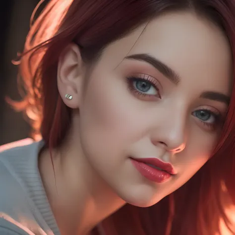 Una mujer joven y hermosa, Ella tiene el cabello rojo, altura mediana, Ojos grandes y azules, piel clara, {Ella mira directo a la camara}, The atmosphere is illuminated with warm and pleasant colored lights, Su semblante es naturalmente sereno, lips with r...