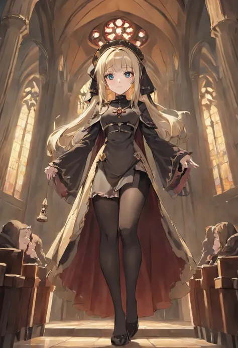 a picture of a steampunk (1)nun in a church, wearing sexy nun habit, wearing black pantyhose, (best detailed face:1.3), ultra feminine: 1.3), dynamic hair, long hair, wavy hair, blue eyes, intent eyes, wearing high heeled boots, photorealistic, 16k, RAW, a...