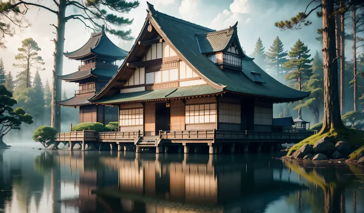 A Japanese house sits on the edge of a reflective pond, shrouded in the mystique of an ancient forest. Surrounded by towering cedar trees, the houses wooden beams and thatched roof harmonize with nature. Shot with a high-end DSLR and a telephoto lens, the ...