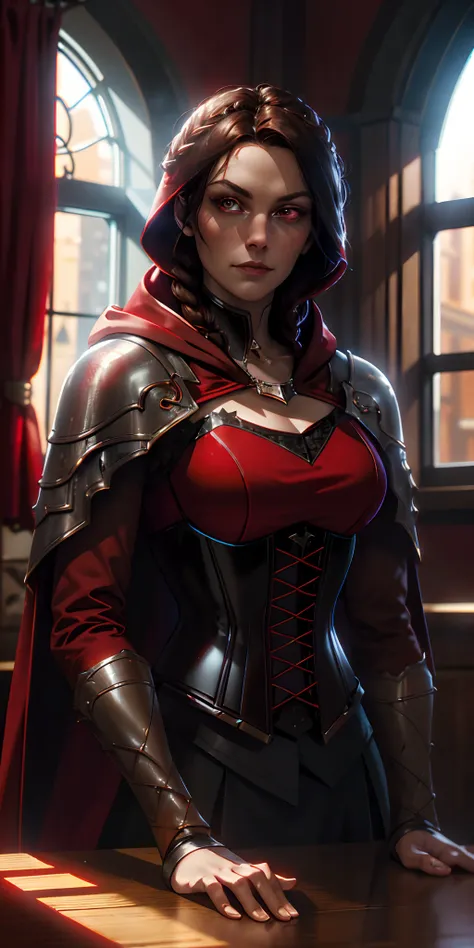 upper body of paladin lady in red royal garments wearing hoodie, black collar, pauldrons, corset, single braid, brunette, brown eyes, bright pupils, eye focus, red cape, indoors old house, night, particles, window light beam, chromatic aberration, Ak-47 on...