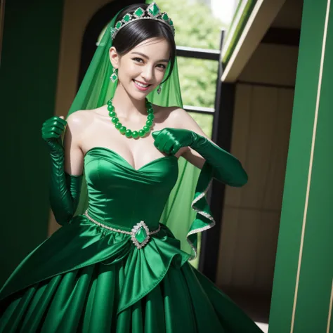 emerald tiara, Green Pearl Necklace, Boyish very short black hair, lipsticks, Japan woman smiling, very short short hair, big breasts beautiful, Green eyes, Long green gloves made of satin material, Green eyes, Emerald Earrings