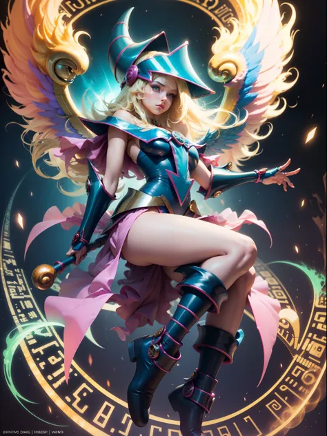 hermosa jóven dark magician girl:2 angel version with open wings:1, brillante y brillante ser angelical, grandes alas doradas br...