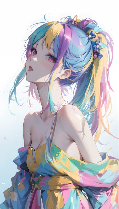 anime girl with colorful hair and a colorful dress, rossdraws pastel vibrant, rossdraws cartoon vibrant, anime style 4 k, beautiful anime portrait, artgerm colorful!!!, ! dream artgerm, beautiful anime girl, anime styled digital art, anime art wallpaper 4k...