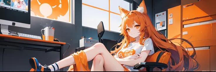 An anime girl, fluffy orange cat ears, fluffy orange long hair, honey eyes, happy smiling, hiding hands, blue knee-length t-shirt, sitting on chair, pc gamer rgb on background