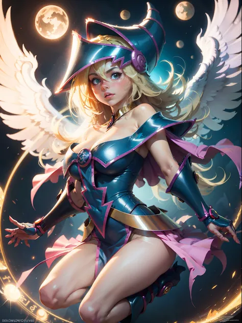 Hermosa jóven dark magician girl:2 Angel version with open wings:1, Brillante y brillante ser angelical, Grandes alas doradas brillantes:3 Mandala divino, etherial wings, epic angel wings, Alas angelicales infinitas, Futuristic robot angel, Motor de render...