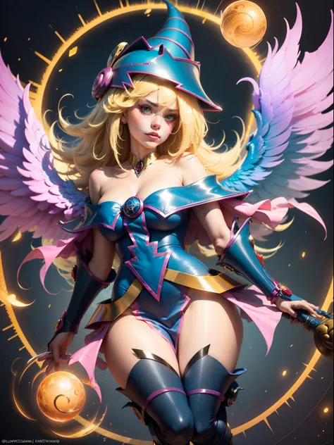 Hermosa jóven dark magician girl:2 Angel version with open wings:1, Brillante y brillante ser angelical, Grandes alas doradas brillantes:3 Mandala divino, etherial wings, epic angel wings, Alas angelicales infinitas, Futuristic robot angel, Motor de render...