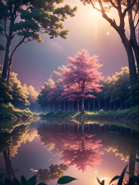 A masterpiece, the best quality, stunning reflections, the best reflections ever. (very detailed CG unity 8k wallpapers), (best quality), (best illustrations), (best shadows), 
forest theme with natural elements. sun is setting over a tranquil lake, quiet ...