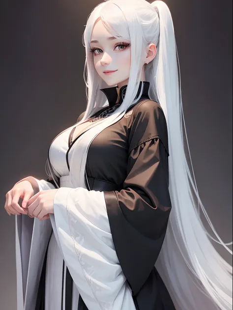 anime woman, young woman, (solo), (1 character), long white hair, black dress, fancy simple dress, white haired lady, grinning lasciviously, perfect young woman, well-behaved clothes, gentle face, wearing aristocrat robe, motherly looking