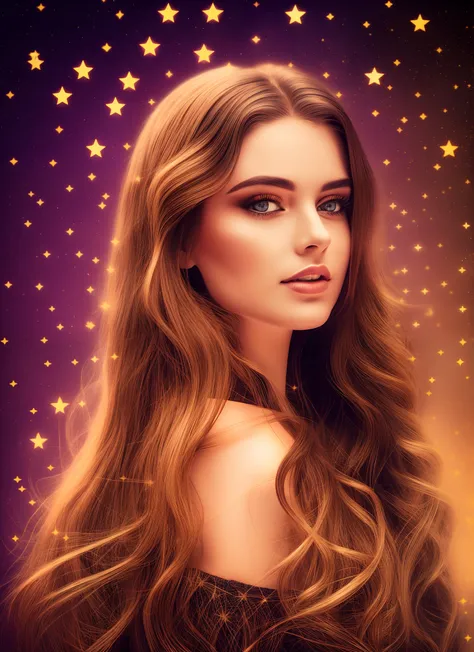 A vibrant realistic image of a powerful Celtic european woman with pale skin, a star on fire in the background, black eyes, delicate face, facing the camera, loose straight long black hair, long flowing black dress with lace and long sleeves, Celtic knot j...