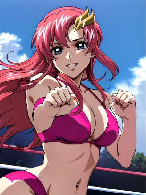 (masterpiece, upper body view, 4K, Best Quality, Anime style: 1.9, , tall, Adult Woman, ultra detailed face, (cloud background, wrestling), Drawing lines, high resolution, Anime, lacus4), 1girl, Solo, curvy figure, Long hair, 鎖骨, scapular, (Detailed wide h...