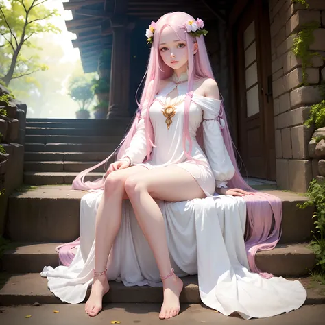 girl with long pink hair, wearing a light, long white goddess dress. The woman has lilac eyes and a beautiful appearance, she is barefoot