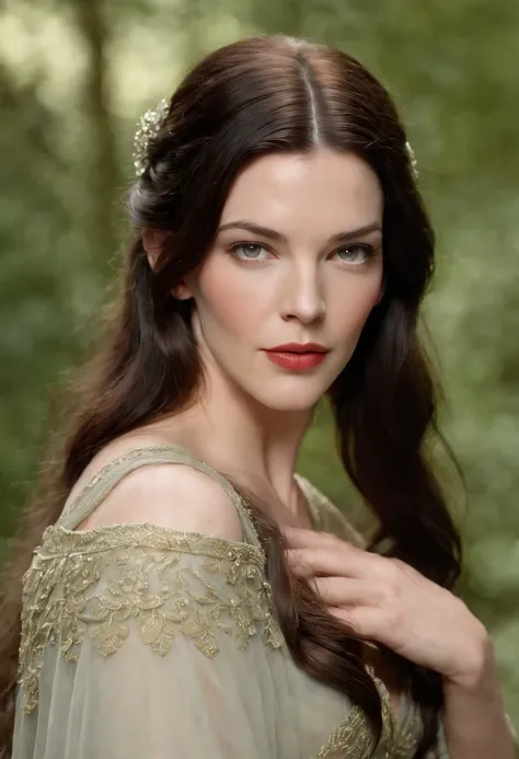 Liv Tyler como Arwen, hair a mess, hot, (suado), deitado, (almofadas de seda), pulseiras de couro vermelho, em Rivendell, frontal completo, revelar seios, sexy,  showing,  vissível