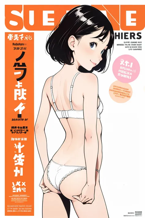 (superflat, flat shading, flat colors:1.1), (magazine cover), loli, petite, white bra, white panties, from behind, smile, soft light, bright, colorful, watercolor