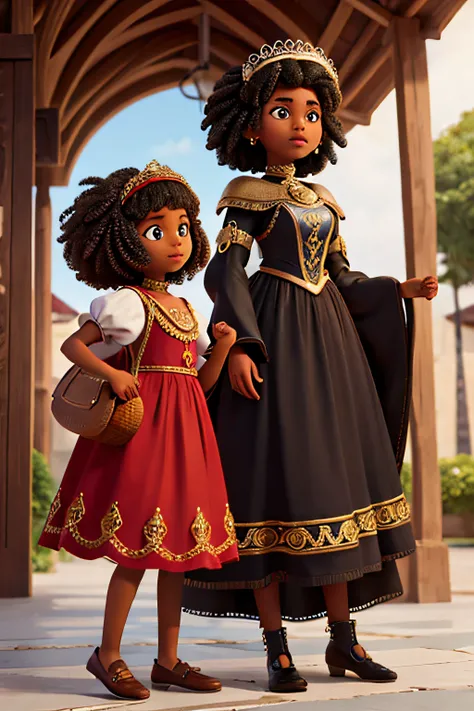 duas mulheres negras de cabelo afro, vestidas com roupa de rainha medieval, segurando uma cesta