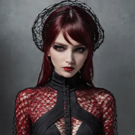 Girl in symbolic gothic net clothes, 。...com (Body barbed wire) Cabello de color rojo，sexy, nsfw