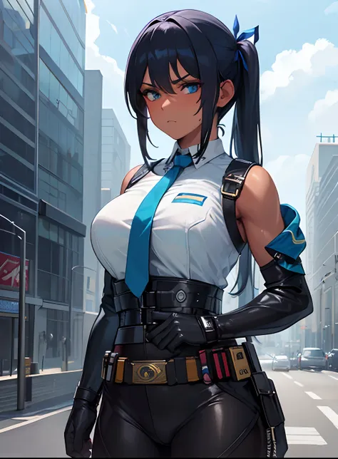 masterpiece, best quality, extreme detail, 1girl, stern lean muscular police woman (with physical enhancements devices), female focus, tanned, dark skin, sci fi, green blue eyes, pony tail, ribbon tie, closed mouth, exposed shoulders, police jacket, utilit...