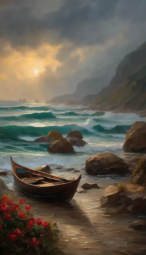 Real picture（（Oil paints ））Landscape painting,acrycle painting，Brush strokes，With unparalleled realism,ultrawide,ominous skies,Sail ships,Wooden boats,Lotus,Huge waves,Starry night,Harry Potter,voluminetric lighting,Clearing,Realistic,james gurney,art  sta...