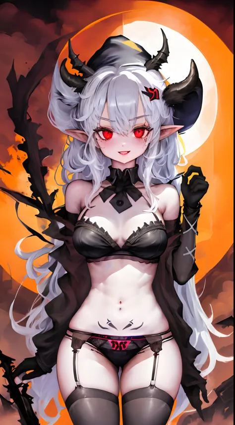 1girl, solo, hat, thighhighs, gloves, underwear, red_eyes, black_panties, pointy_ears, panties, witch_hat, black_thighhighs, tattoo, black_gloves, small_breasts, long_hair, garter_belt, tail, smile, navel, breasts, demon_tail, black_bra, open_mouth, lookin...