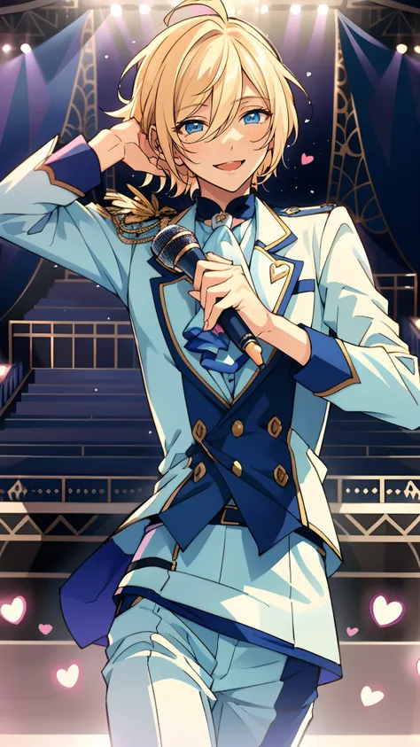 masterpiece, best quality, absurdres, tenshouin eichi, blond hair, short hair, blue eyes, ,cool, have a microphone, happy, smile...