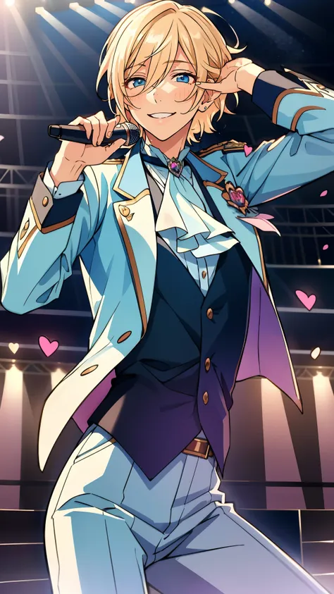 masterpiece, best quality, absurdres, tenshouin eichi, blond hair, short hair, blue eyes, ,cool, have a microphone, happy, smile...