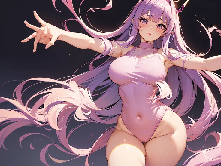 1 girl, (((bright purple hair))), long wavy hair with bangs, adult, two pink devil horns headband, ((((wearing LIGHT pink leotard one-piece)))), ((LIGHT pink lingerie)), ((succubus)), pink clothes, ((((curvy BODY)))), ((thick thighs)). (((chubby stomach)))...