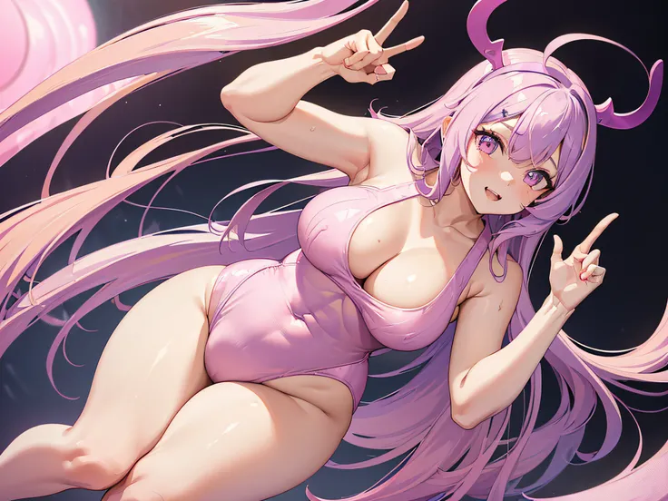 1 girl, (((bright opaque purple hair))), long wavy hair with bangs, adult, two pink devil horns headband, ((((wearing LIGHT pink leotard one-piece)))), ((LIGHT pink lingerie)), ((succubus)), pink clothes, ((((curvy BODY)))), ((thick thighs)). (((chubby sto...