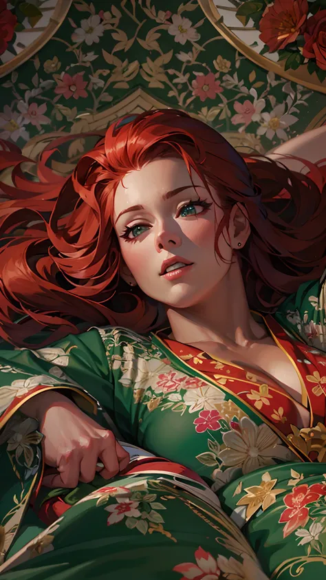 Massive and gigantic scarlet redhead lady sweet female and prettest face and gorgeous muscle  bodybuilder and curvy with thick abs and  wearing green dress and  kimono and lying on floor  highly detailed and super hyperrealsim photorealistic high quality g...