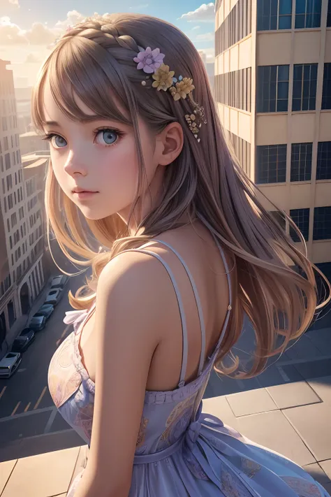 Highly detailed portrait of a girl stood on a tall building, looking at the sun, view from the back, wearing a summer dress, symmetrical face, symmetrical eyes, looks into the camera, stunning photography, photorealistic, art station, soft pastel colours, ...