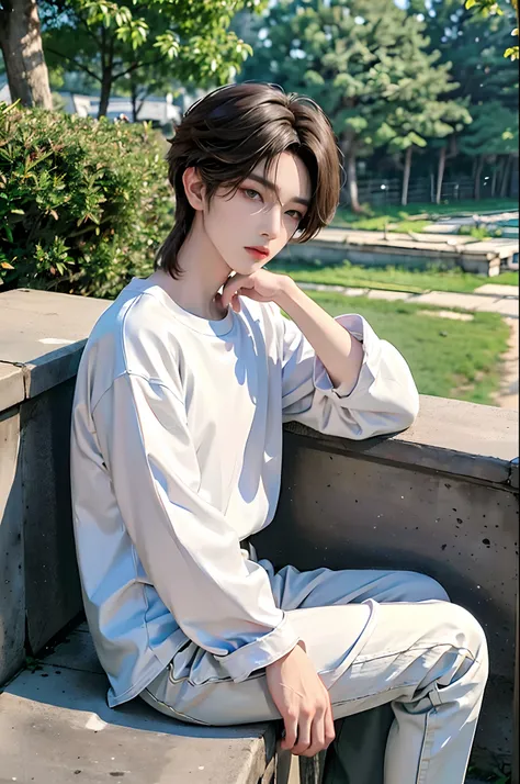 ​masterpiece、（top-quality)、((high-level image quality))、One Manly Boy、Slim body、((White Y-shirt and long black pants))、(Detailed beautiful eyes)、September Night Road、sitting on a curb、Face similar to Chaewon in Ruseraphim、((short hair above the ears))、((Sm...