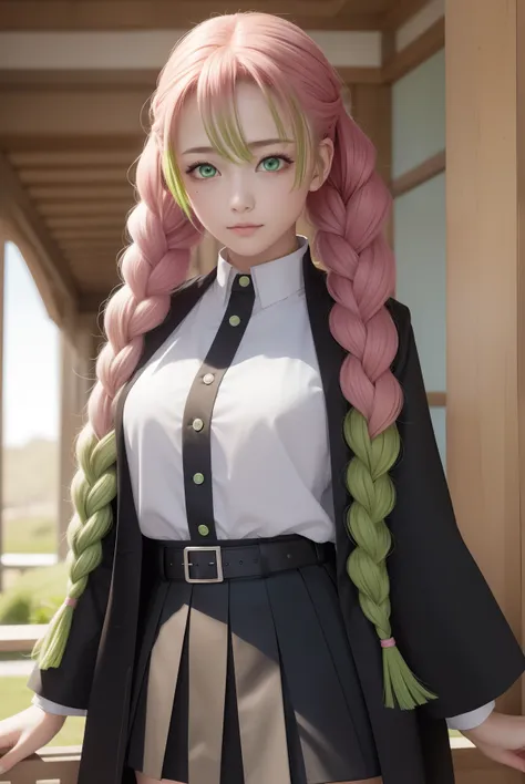 mitsurikanroji, mitsuri kanroji, braid, gradient hair, (green eyes:1.5), green hair, long hair, mole,  mole under eye, multicolo...