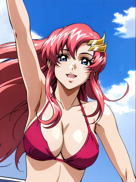 (masterpiece, upper body view, 4K, Best Quality, Anime style: 1.9, , tall, Adult Woman, ultra detailed face, (cloud background, wrestling), Drawing lines, high resolution, Anime, lacus4), 1girl, Solo, curvy figure, Long hair, 鎖骨, scapular, (Detailed wide h...