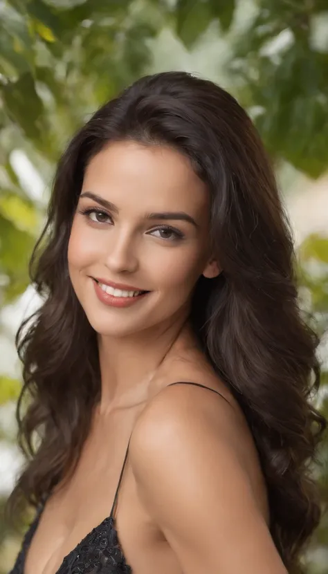 mulher arafede, mulher de vinte anos, muito bonita, sorriso lindo, cabelo preto, cabelo encaracolado, cabelo cumprido, corpo esculpido, alta qualidade, realista, alta qualidade, alto detalhe, with orange bikini, na prai, cores conitas, highes definition, c...