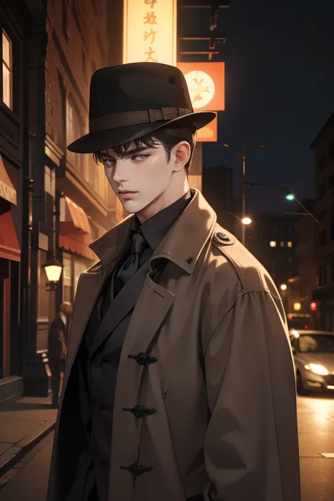 masterpiece, best quality, realistic, 1man, mature male, quiet and charming young man, 25 years old, close his eyes, serious look, extremely detailed face, ((dark grey eyes)), ((short-right-swept dark brown hair)), [thick eyebrows], detective, int the city...