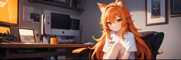 An anime girl, fluffy orange cat ears, fluffy orange long hair, honey eyes, happy smiling, hiding hands, blue knee-length t-shirt, sitting on chair, pc gamer rgb on background