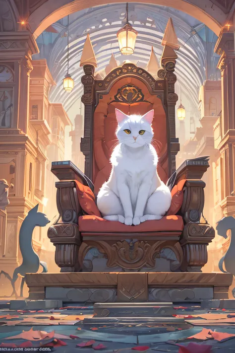 Cat sitting on a throne, Guviz-style artwork, urban concept art, lofi art