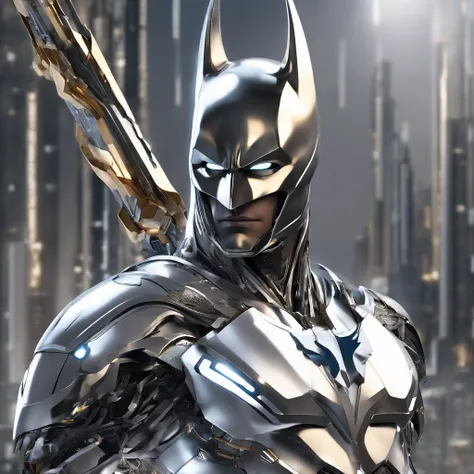 batman in armor with a sword and a cape on his shoulders, intricate assassin mecha armor, elegant smooth silver armor, sleek smooth white plated armor, silver cyber armor, gold and silver armour suit, shiny silver metal armor, arasaka mech, white plated ar...