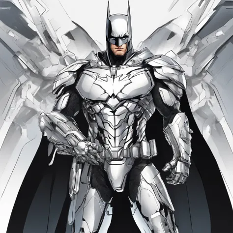 batman in armor with a sword and a cape on his shoulders, intricate assassin mecha armor, elegant smooth silver armor, sleek smooth white plated armor, silver cyber armor, gold and silver armour suit, shiny silver metal armor, arasaka mech, white plated ar...