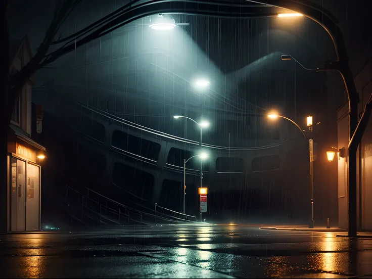 An empty street at night, raining, illuminated by street lights