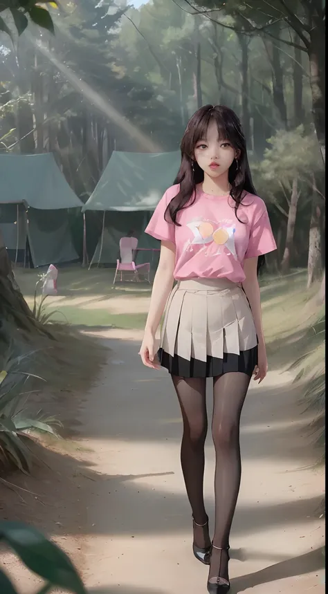 ((Lisa from Blackpink)), very tall girl, t-shirt, tiny pleated skirt, exposed_pink_panties, black pantyhose to the waist, high heels, very light skin, very long hair, wavy hair, camp, forest, photorealistic, indirect lighting , volumetric light, ray tracin...