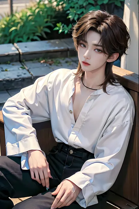 ​masterpiece、（top-quality)、((high-level image quality))、One Manly Boy、Slim body、((White Y-shirt and long black pants))、(Detailed beautiful eyes)、September Night Road、sitting on a curb、Face similar to Chaewon in Ruseraphim、((short hair above the ears))、((Sm...