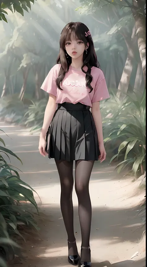 ((lisa from blackpink)), very tall girl, t-shirt, tiny pleated skirt, exposed_pink_panties, black pantyhose to the waist, high h...