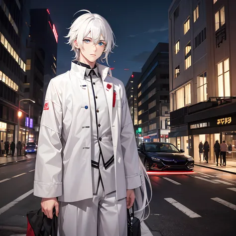 guy, white disheveled hair, long ends of hair in front, Heterochromia of the eyes, One Eye Blue, The second eye is red, bloods, death, The guy was hit by a car, evening, road