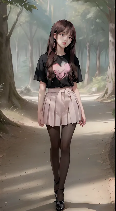 ((lisa from blackpink)), very tall girl, t-shirt, tiny pleated skirt, exposed_pink_panties, black pantyhose to the waist, high h...