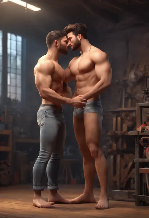 To attractive men without their shirts on standing in a workshop kissing each other Passionately