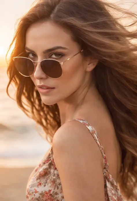 photo of a stunning beautiful Brazilian woman, honey eyes, long messy windy light brown hair, flipping hair, closeup zoomed in tight crop portrait, walking down a (paradisiacal beach scene:1.2) wearing a (sunglasses and a fluttering floral dress:1.3) (beac...