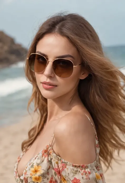 photo of a stunning beautiful Brazilian woman, honey eyes, long messy windy light brown hair, flipping hair, closeup zoomed in tight crop portrait, walking down a (paradisiacal beach scene:1.2) wearing a (sunglasses and a fluttering floral dress:1.3) (beac...