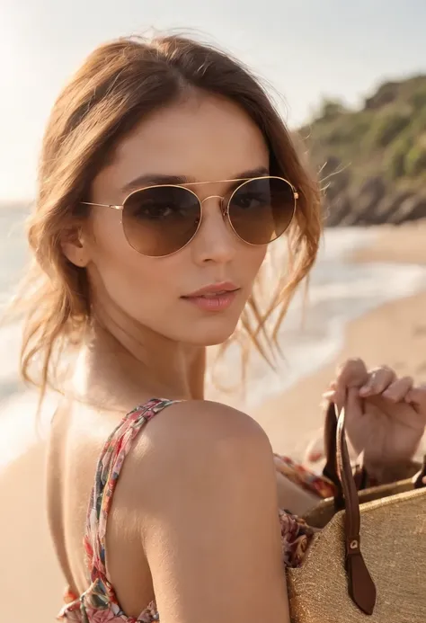 photo of a stunning beautiful Brazilian woman, honey eyes, long messy windy light brown hair, flipping hair, closeup zoomed in tight crop portrait, walking down a (paradisiacal beach scene:1.2) wearing a (sunglasses and a fluttering floral dress:1.3) (beac...