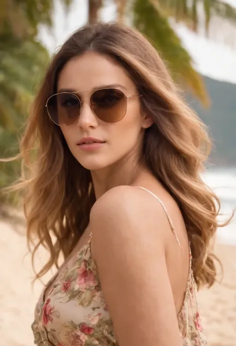 photo of a stunning beautiful Brazilian woman, honey eyes, long messy windy light brown hair, flipping hair, closeup zoomed in tight crop portrait, walking down a (paradisiacal beach scene:1.2) wearing a (sunglasses and a fluttering floral dress:1.3) (beac...