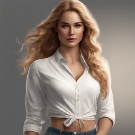 frontal image, concept art of the character, white background, full body, realistic drawing, standing, 1 tall, long and wavy golden hair, thin white long-sleeved shirt, jeans and black sneakers, 17y, extremely beautiful, reclusive posture and introvert, sk...